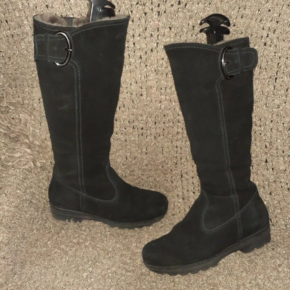 LA CANADIENNE-Valentina-Black Suede/Shearling Lined-Zip-Knee High-Sz 6-Excellent